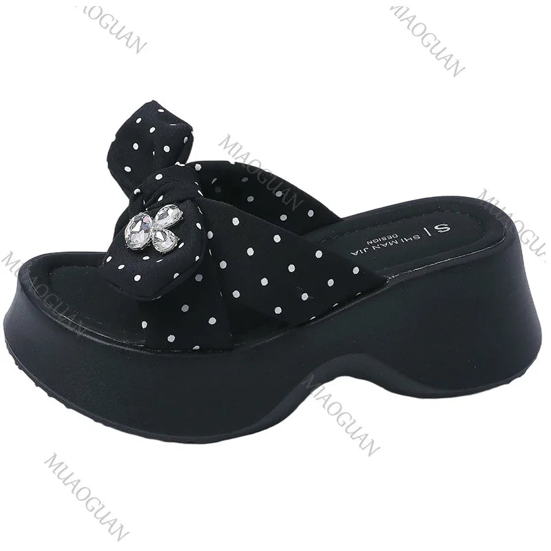 Women's 7CM Wedge Platform Slippers – Rhinestone Bow Sandals Wedge Platform Slippers Axl