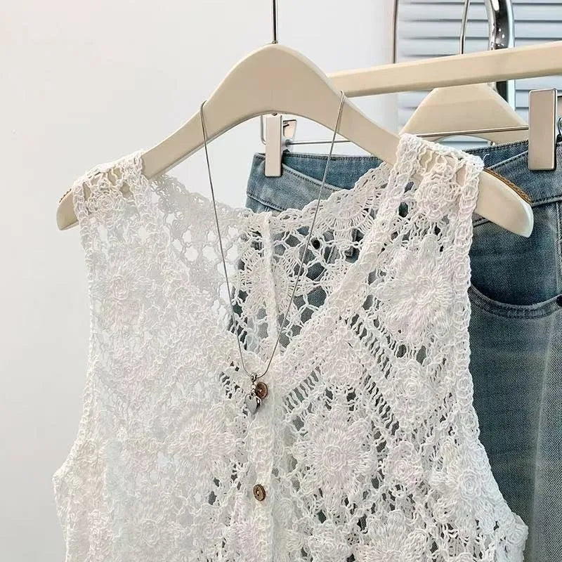 Open Knit Floral Crochet Vest – Boho Sleeveless Cardigan Crochet Knit Vest Axl