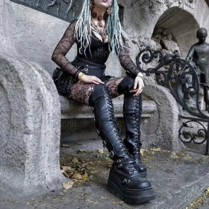 Women's Over-the-Knee Wedge Boots | Metal Buckle & Back Zipper Wedge Knee Boots Axl