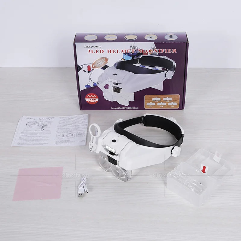 Headband Magnifier LED Rechargeable Loupe – Interchangeable Lens Headband Magnifier Loupe Axl