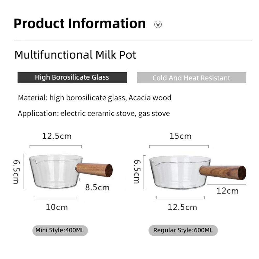 KEMORELA Glass Milk Pot Wooden Handle – 400ml/600ml Saucepan Glass Saucepan Axl