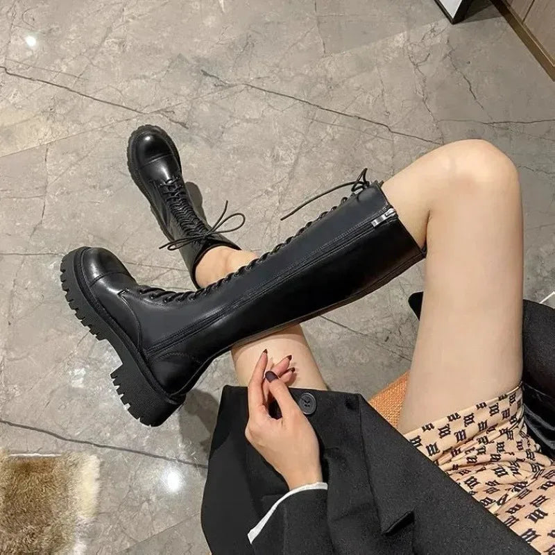 Women's Lace-Up Knight Boots | British Style Thick Sole Winter Women's Winter Boots Axl