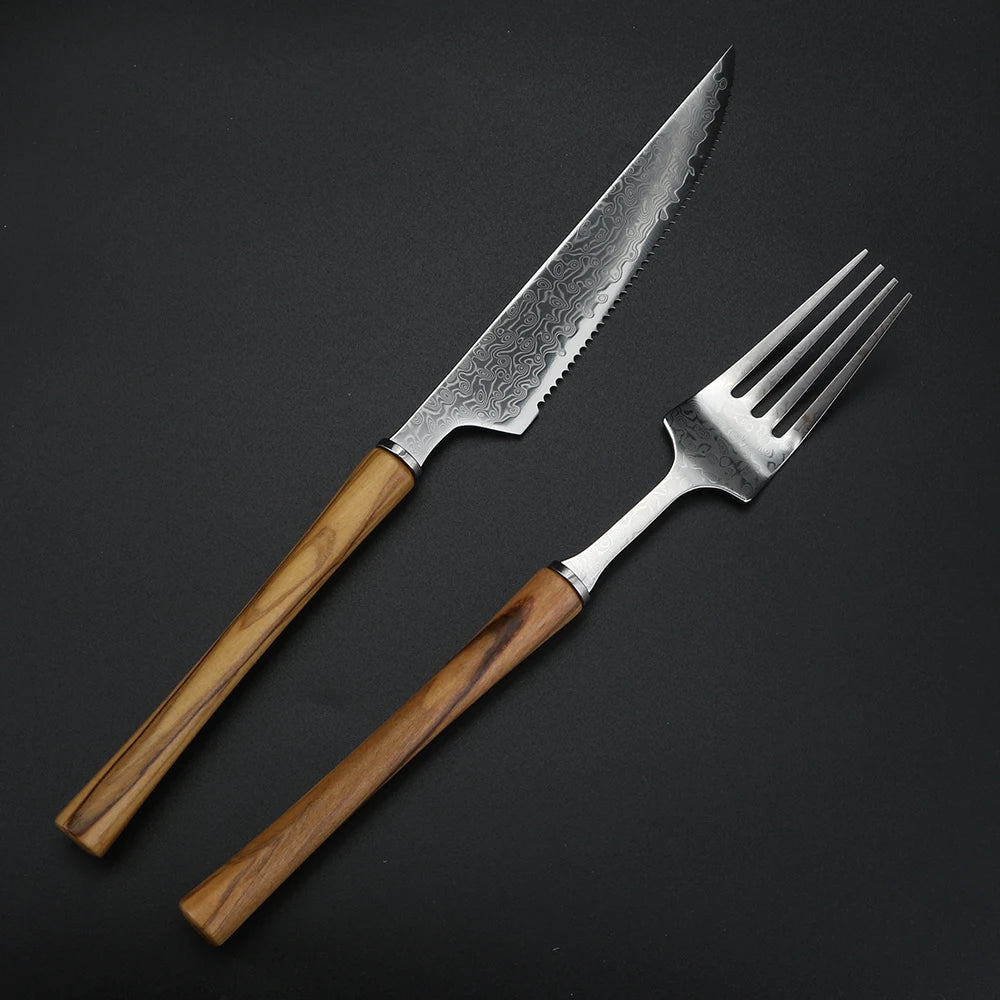Damascus Stainless Steel Steak Knife & Fork Set | Western Cutlery Steak Cutlery Set Axl