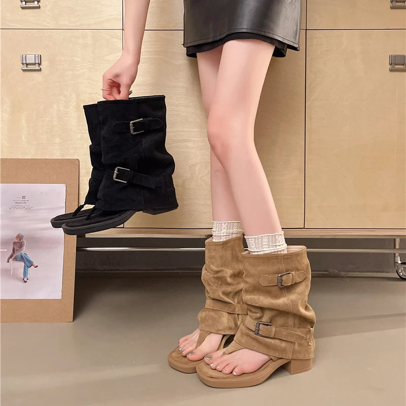 Women's Gladiator Sandal Boots – Faux Suede Buckle Ankle Strap Gladiator Sandal Boots Axl