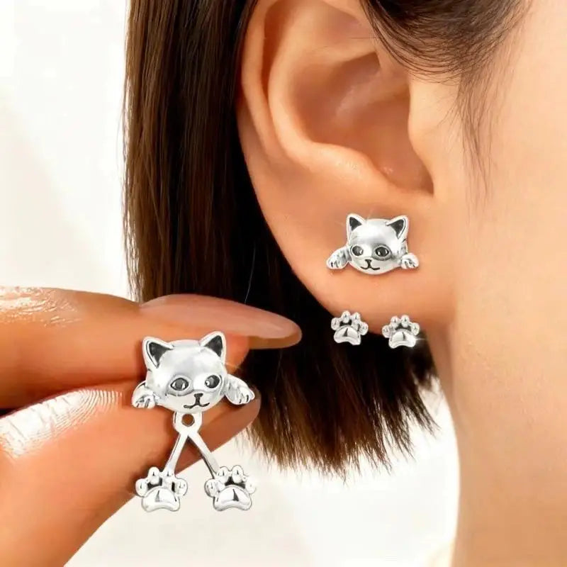 Vintage Silver Cat Paw Earrings – Cute Animal Dangle Jewelry Dangle Earrings Axl