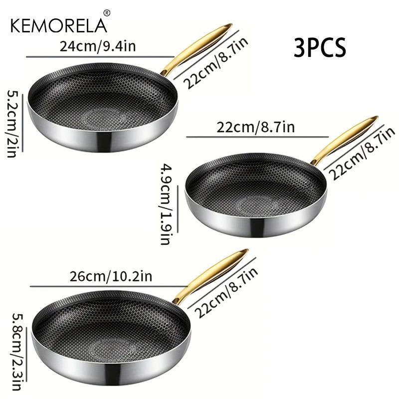 KEMORELA 3-Piece 316 Stainless Steel Honeycomb Frying Pan Set Frying Pan Set Axl 22cm 24cm 26cm