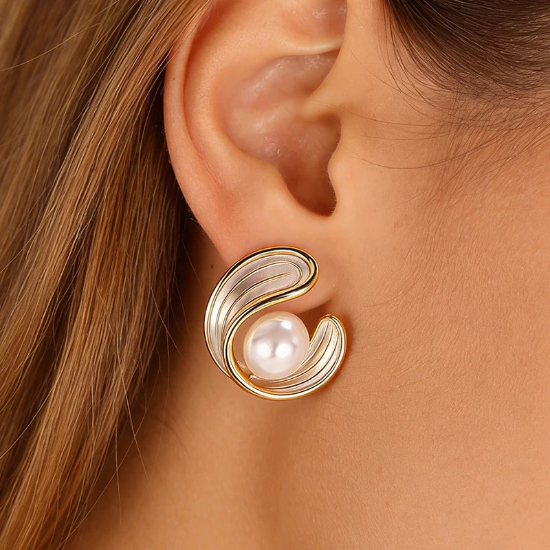 Huitan White Enamel Gold Stud Earrings | Geometric Fashion Stud Earrings Axl