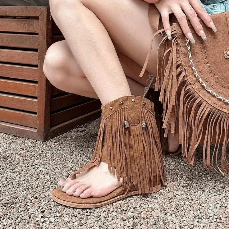 Women's Gladiator Sandal Boots | Tassel Flat Roman Toe Clip Gladiator Sandal Boots Axl