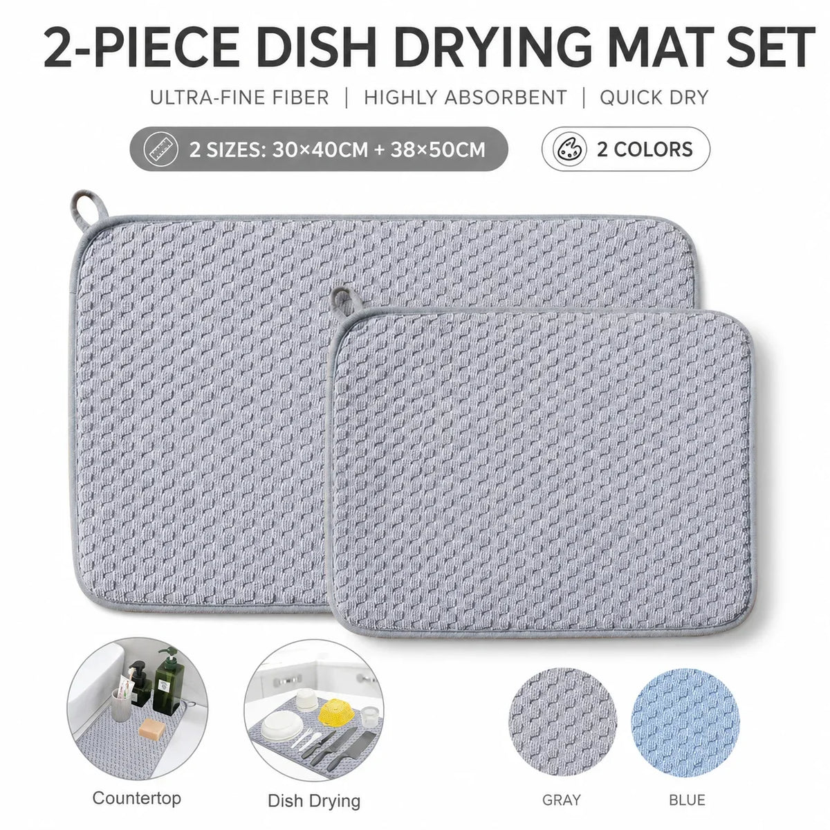 2-Pack Microfiber Dish Drying Mat – Absorbent Kitchen Counter Pad Dish Drying Mat Axl