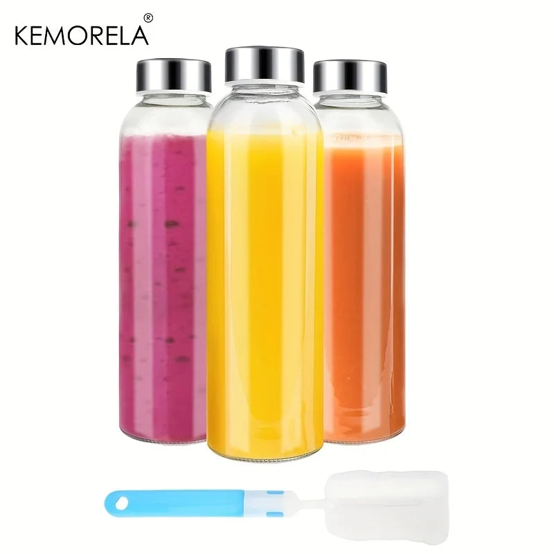 KEMORELA 530ml Clear Glass Bottles with Stainless Steel Lids 3/4/6pk Glass Water Bottles Axl 3pcs 500ml