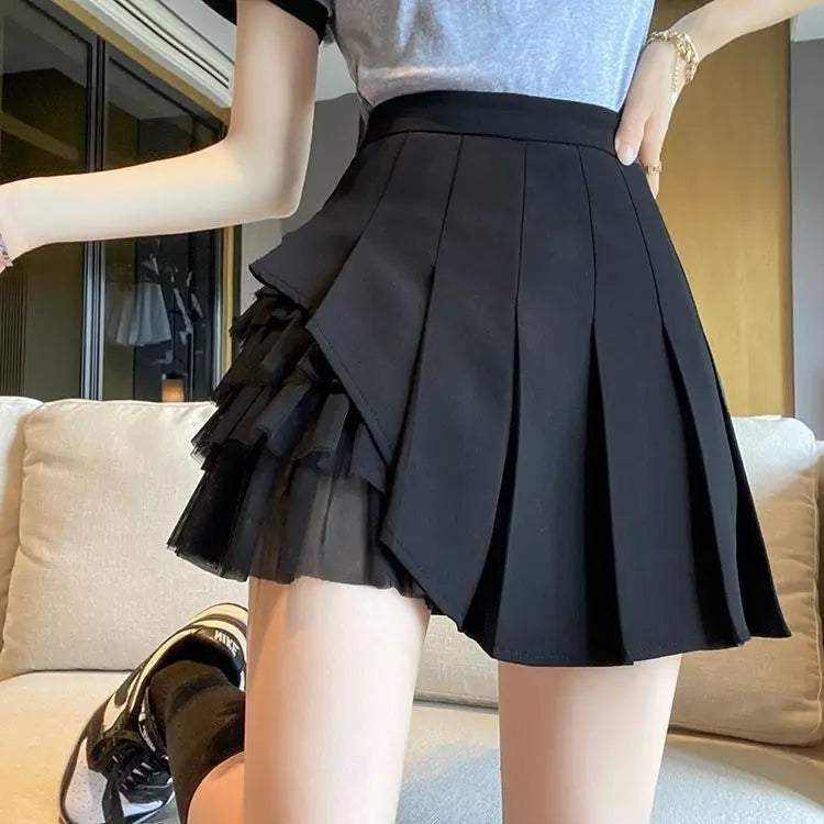 Women's Mesh Pleated A-Line Mini Skirt – High Waist Korean Style A-Line Mini Skirt Axl Black XXL