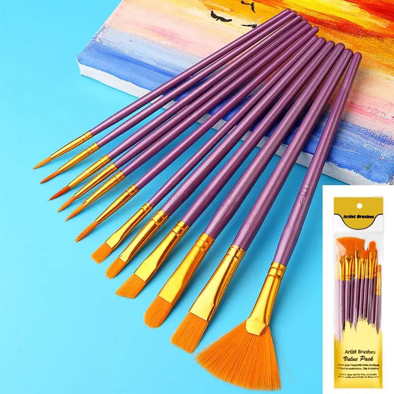 12-Piece Flat Nylon Paint Brush Set – Watercolor, Acrylic & Oil Art Paint Brushes Axl A7