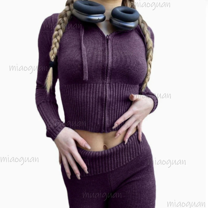 Women's Ribbed Knit Tracksuit – Hooded Crop Top & Flare Pants Women's Tracksuit Set Axl
