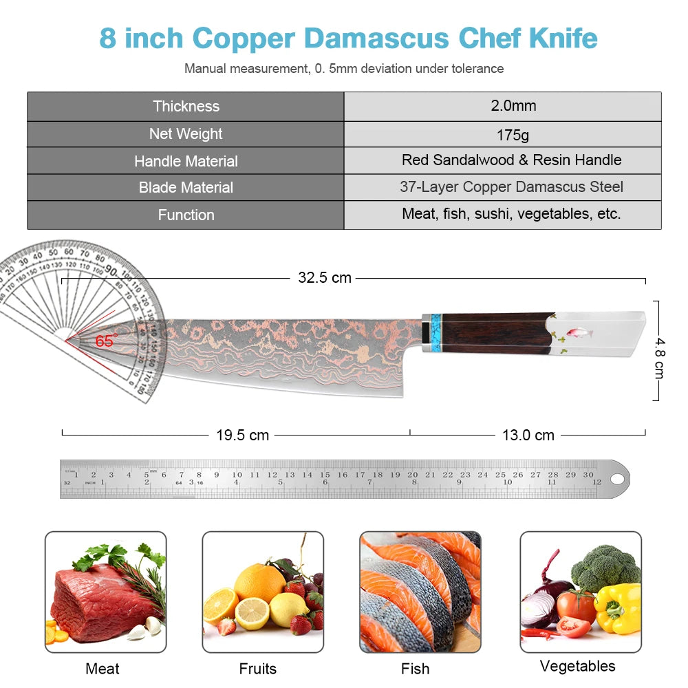 XITUO 8-Inch Copper Damascus Chef Knife – 33-Layer Forged Damascus Chef Knife Axl