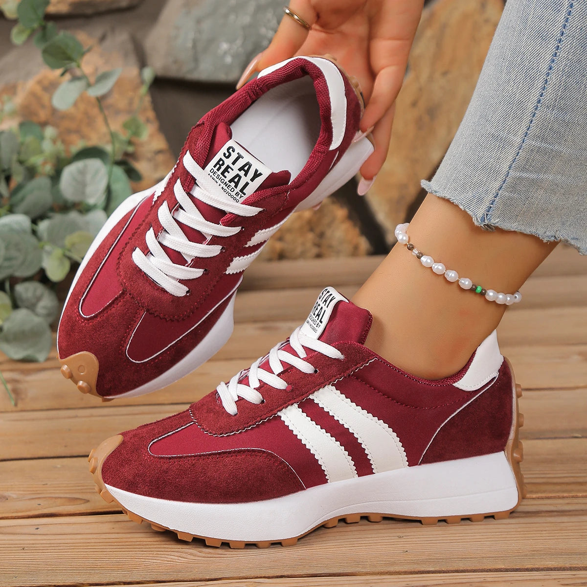 Women's Thick Sole Patchwork Sneakers – Waterproof Lace-Up Women's Sneakers Axl red 38