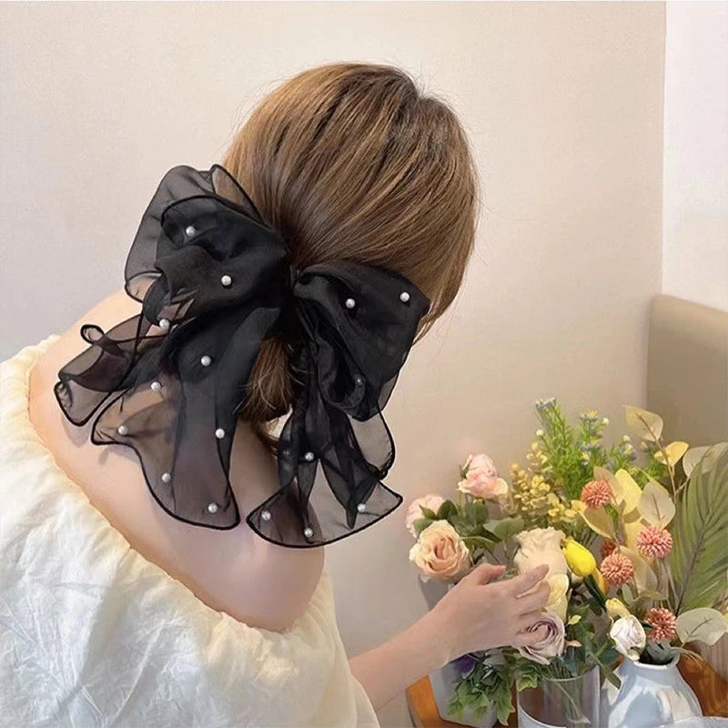Pearl Bow Hair Clip – Elegant Chiffon Ribbon Barrette for Women Bow Hair Clip Axl