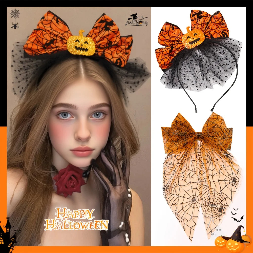 2-Pack Halloween Pumpkin & Spider Web Headbands | Party Props Halloween Hair Accessory Axl