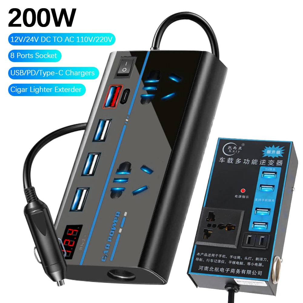 200W Car Power Inverter DC 12V/24V to AC 110V/220V 8-Port Car Power Inverter Axl