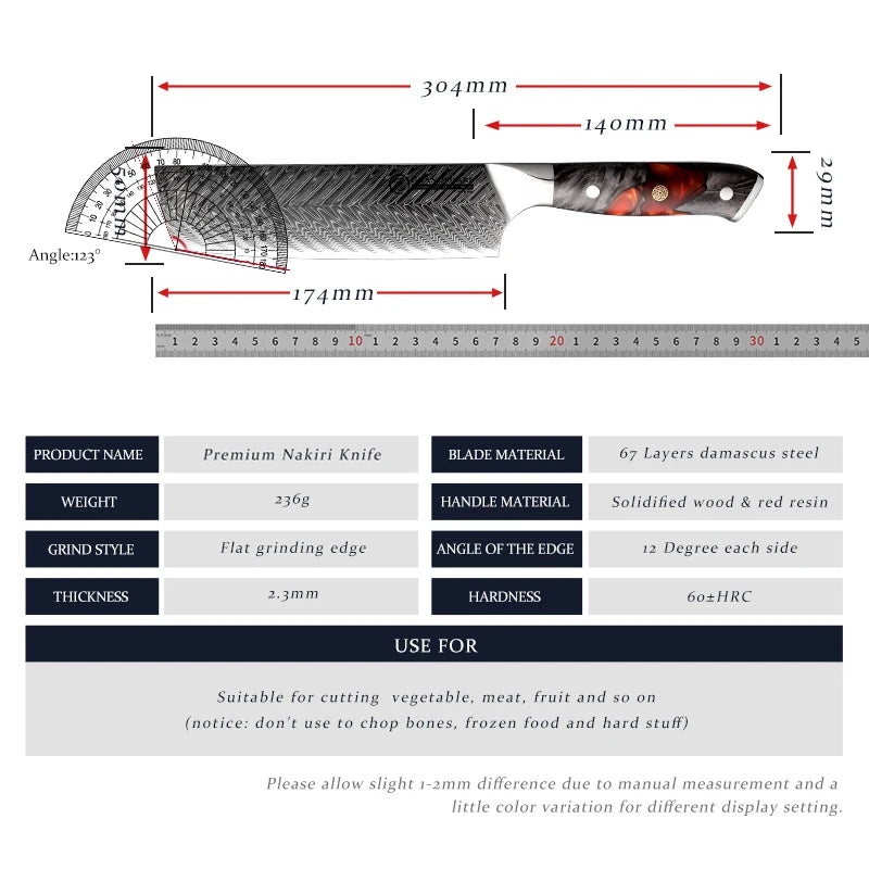 GrandSharp Nakiri Knife – AUS-10 Damascus Steel Maple Handle Nakiri Vegetable Knife Axl
