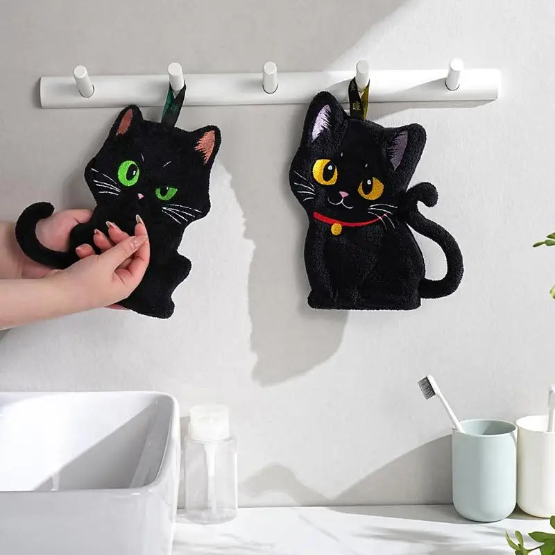 Cartoon Black Cat Hand Towel – Soft Absorbent Coral Fleece Hand Towel Axl