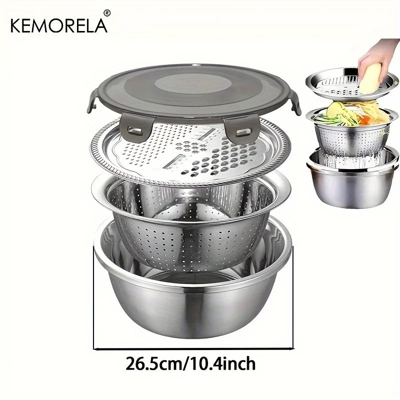 KEMORELA 4-in-1 Stainless Steel Rice Washer Colander & Grater Kitchen Multitool Basin Axl