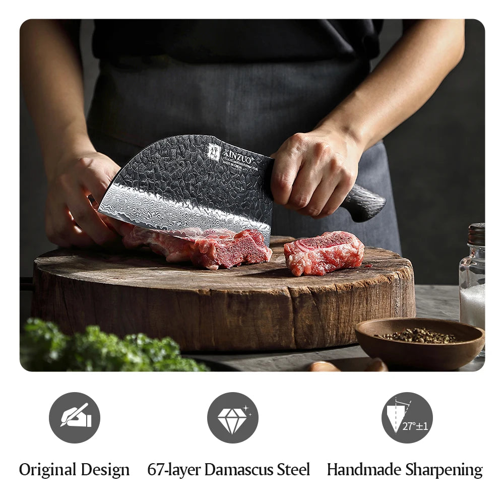 XINZUO 7.28" 67-Layer Damascus Bone Chopper – Oak & G10 Handle Damascus Bone Chopper Axl