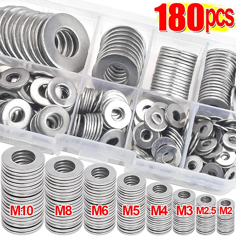 180-Pc Stainless Steel Flat Washer Assortment Kit M2–M10 Washer Assortment Kit Axl