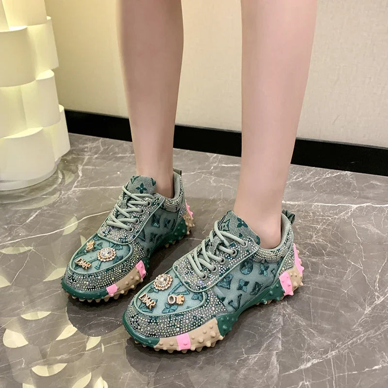 Women's Rhinestone Platform Sneakers | Luxury Lace-Up Shoes Platform Sneakers Axl