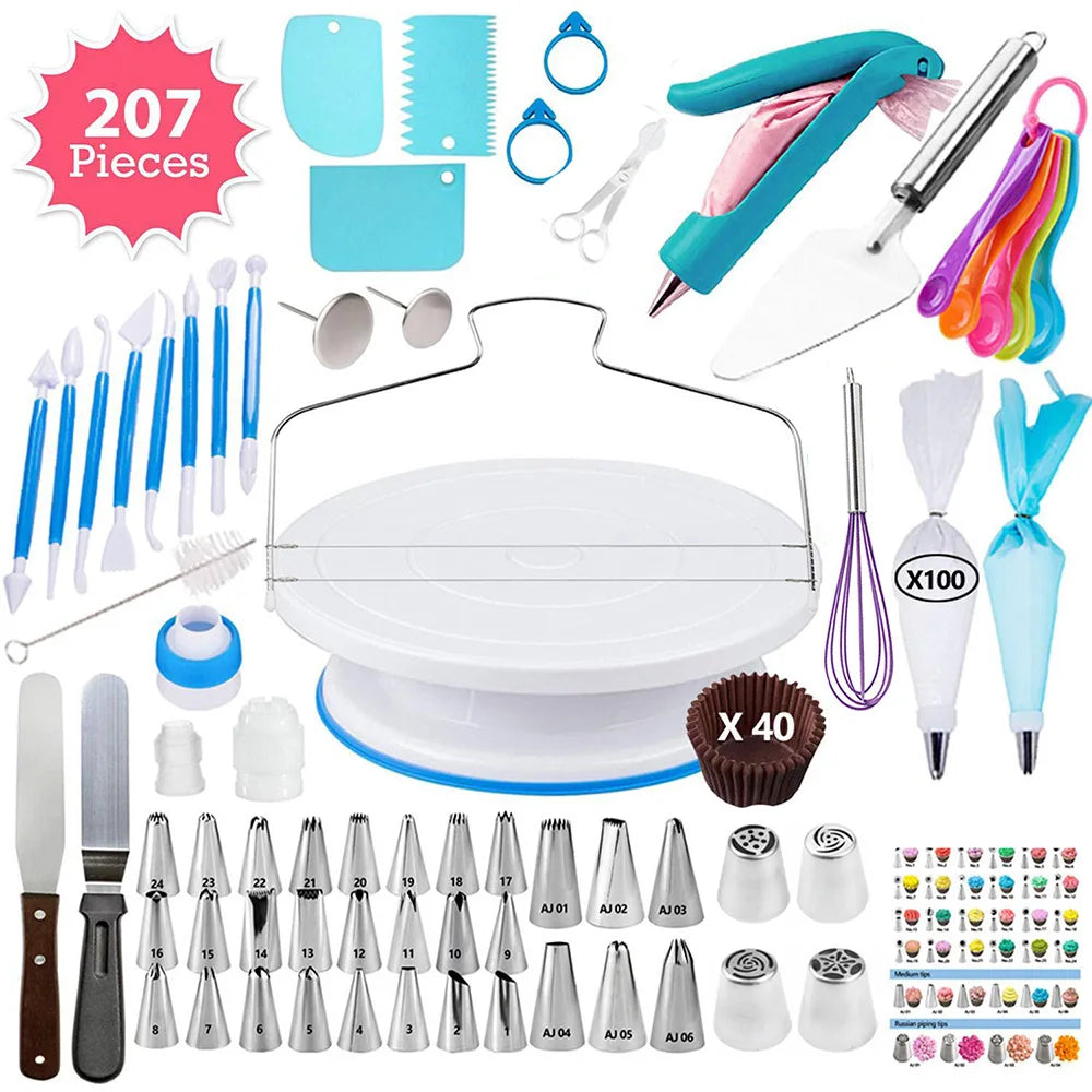 Cake Decorating Kit – Piping Tips, Turntable & Icing Bags Cake Decorating Set Axl 207pcs set
