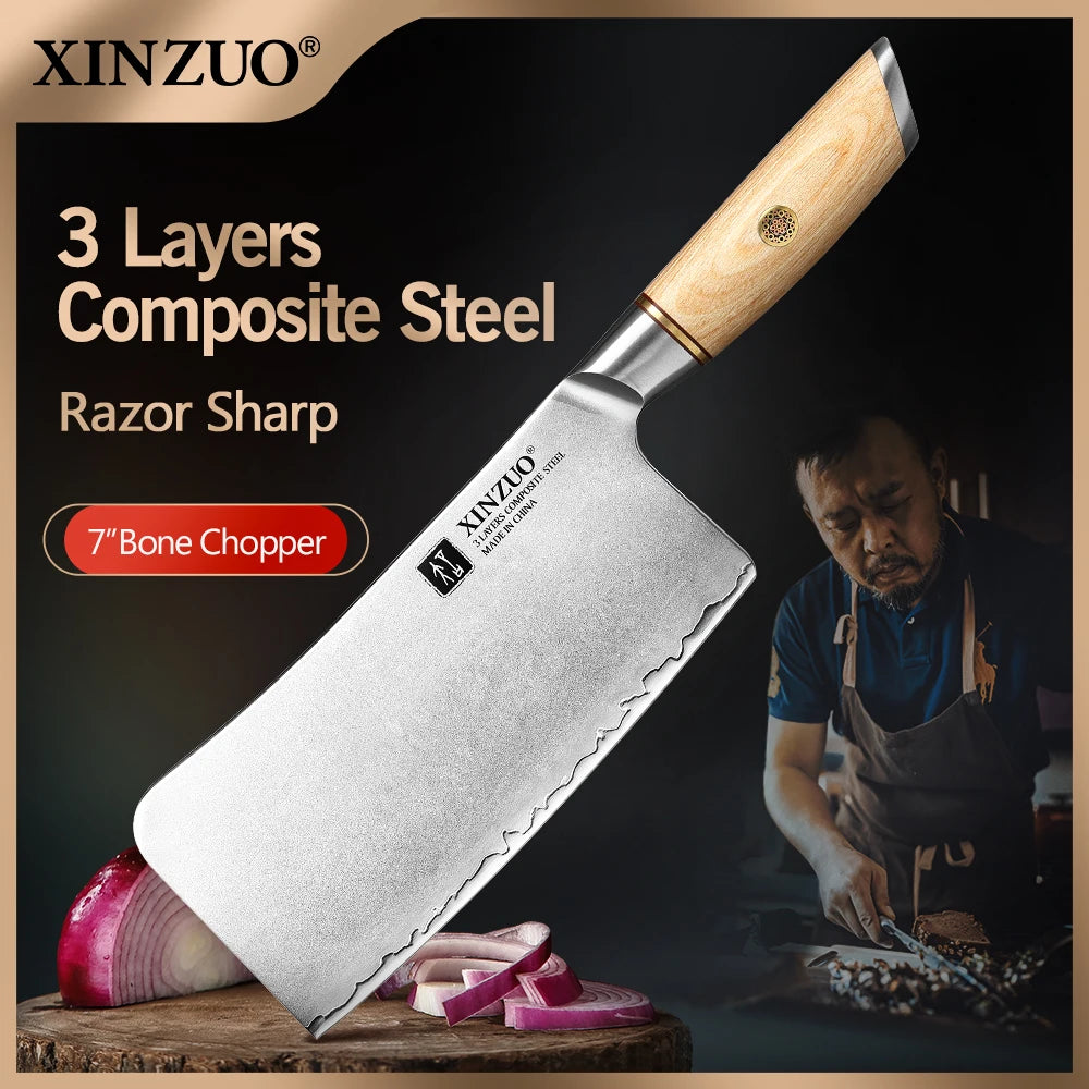 XINZUO 7-Inch Bone Chopper | 10Cr15CoMoV Steel Pakkawood Bone Chopper Cleaver Axl China Mainland