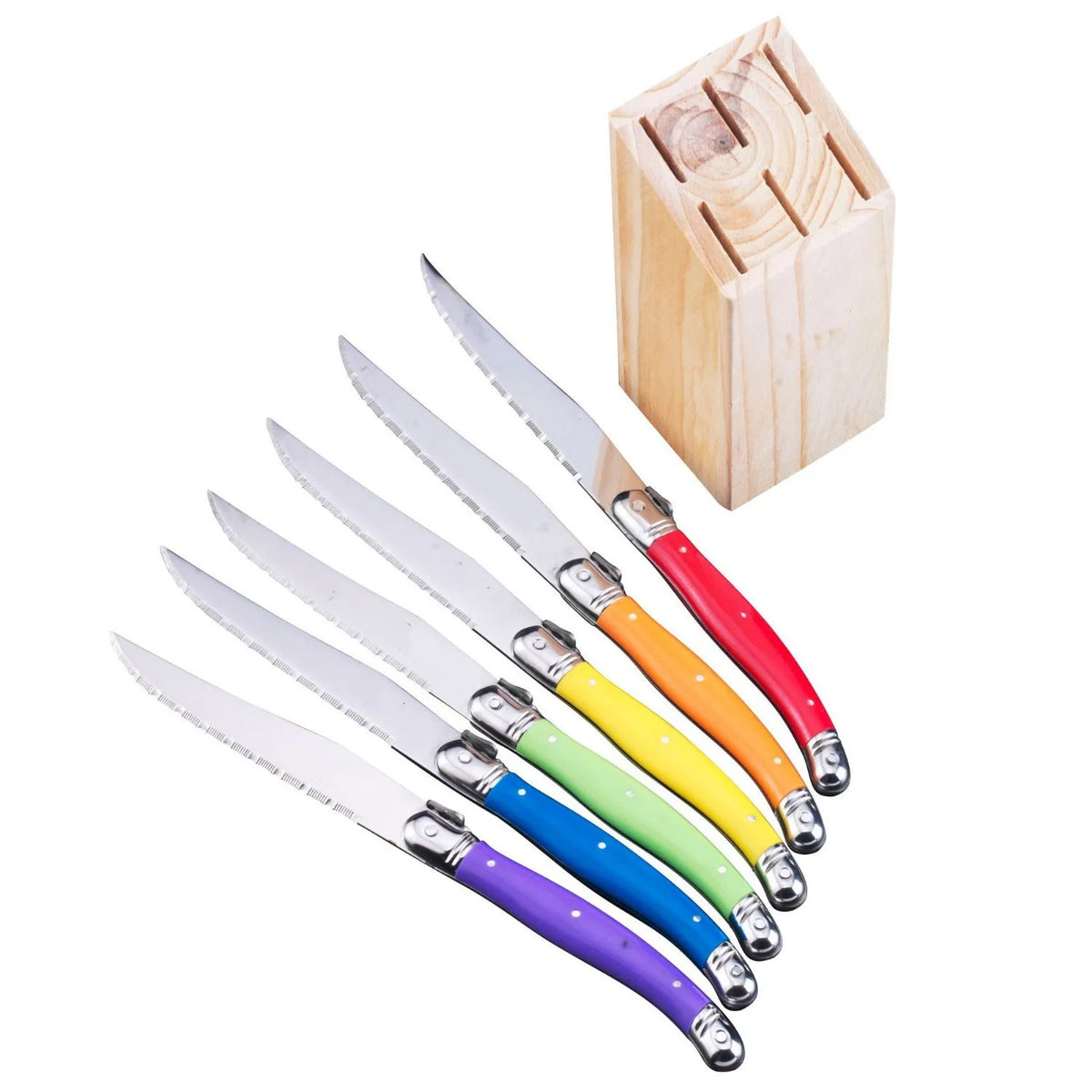 Laguiole-Style Steak Knife Set 6–8 Pcs | Colorful Flatware Steak Knife Set Axl 6pcs Rainbow in Base