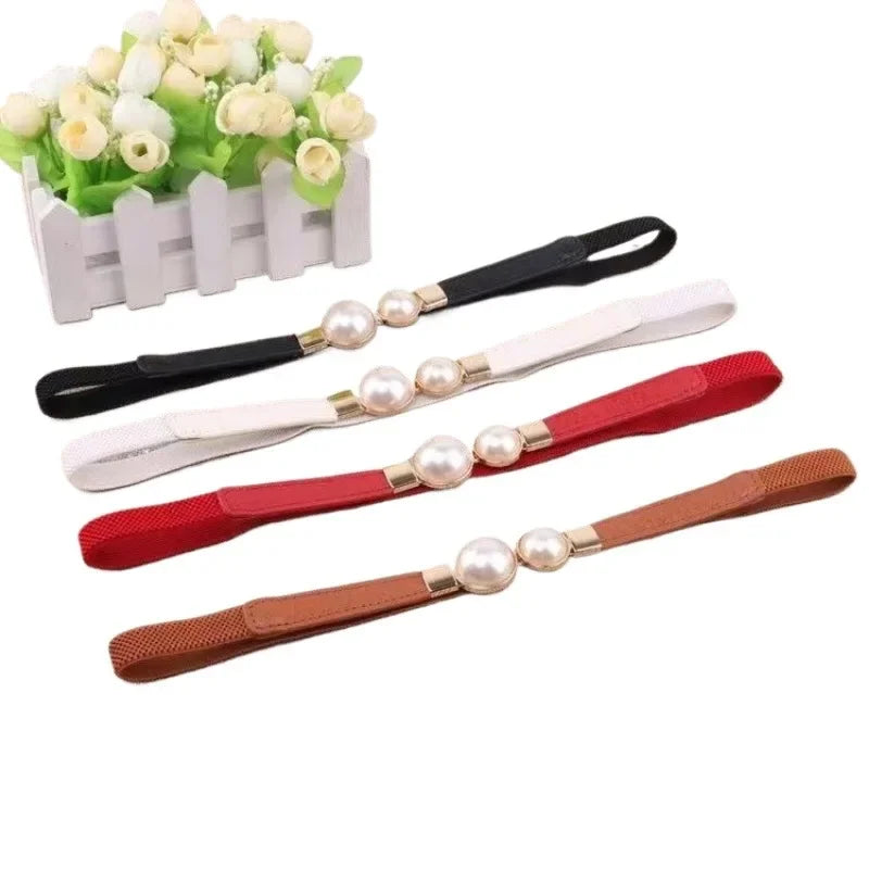 Women's Elastic Pearl Buckle Thin Belt – PU Waist Strap Women's Fashion Belt Axl
