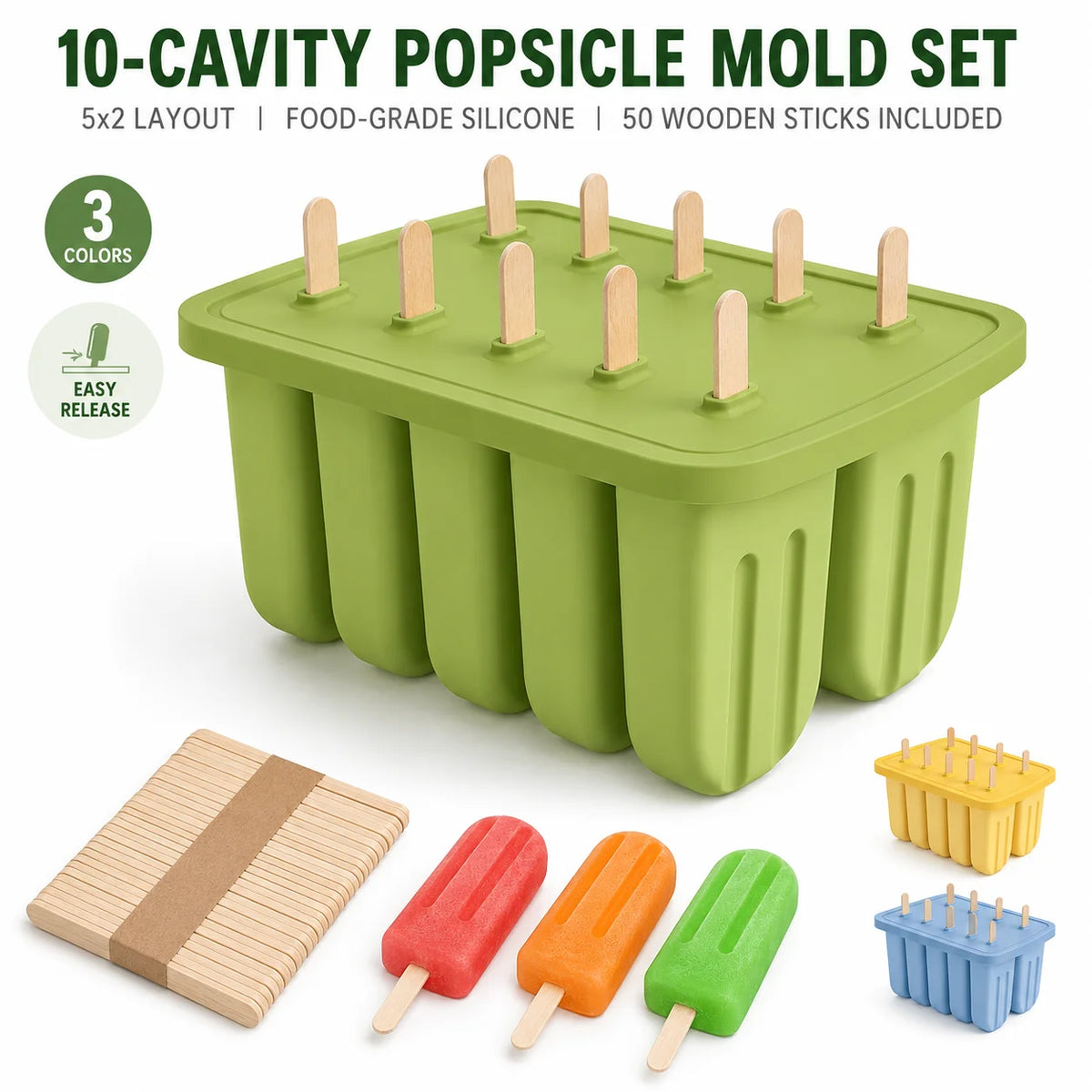 10-Cavity BPA Free Silicone Popsicle Mold with 50 Wooden Sticks Ice Pop Mold Axl