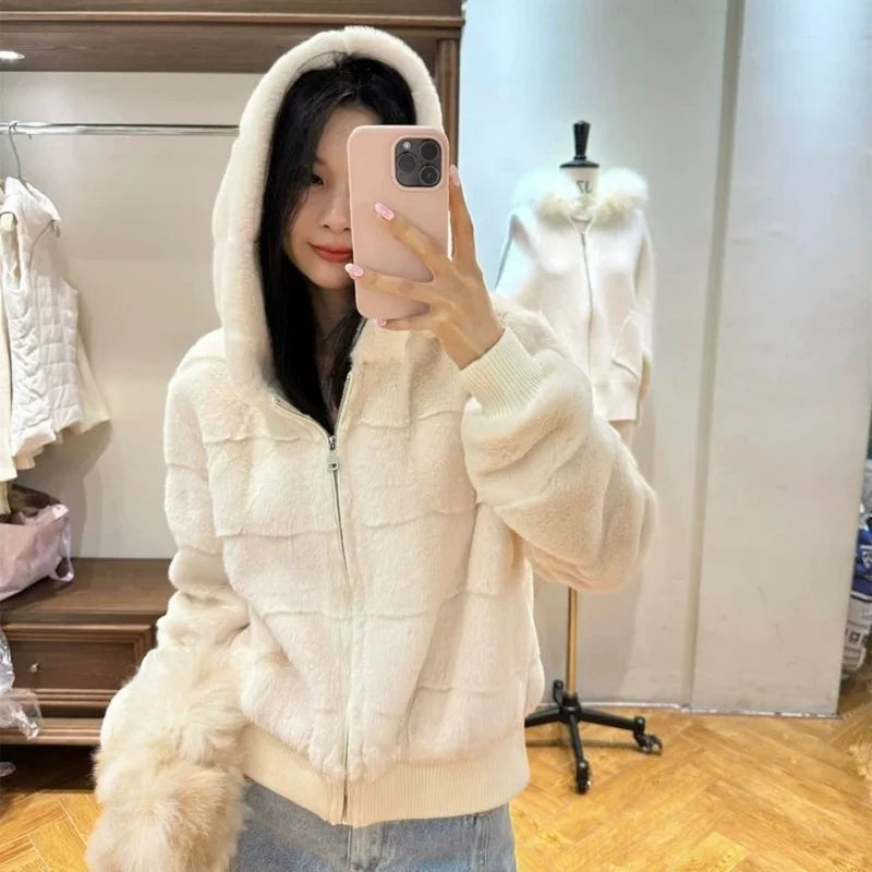 Women's Faux Mink Hoodie Jacket – Korean Style Winter Coat Women's Hoodie Jacket Axl