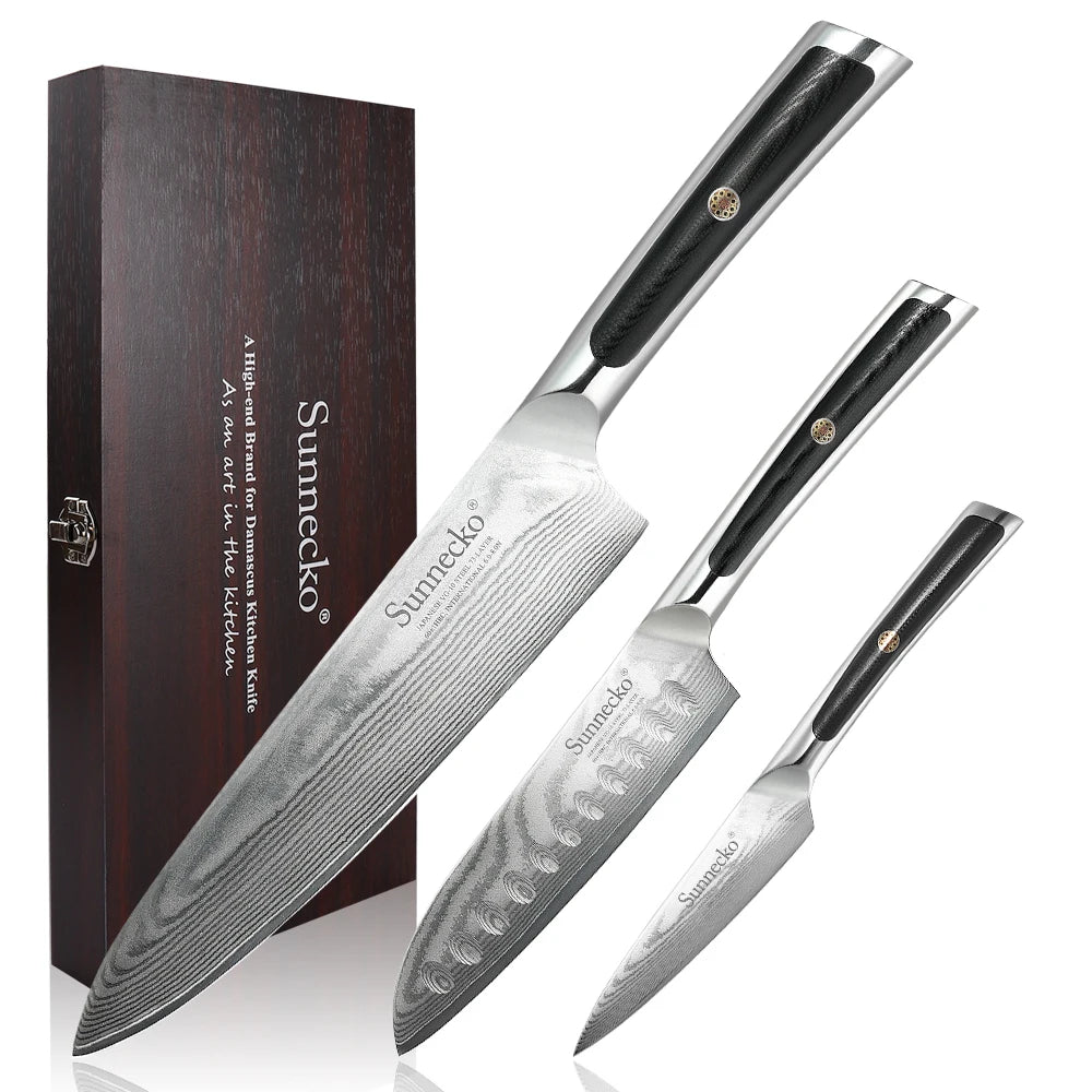 Sunnecko 3-Pc Damascus Steel Knife Set – VG10 Japanese Kitchen Damascus Kitchen Knife Set Axl