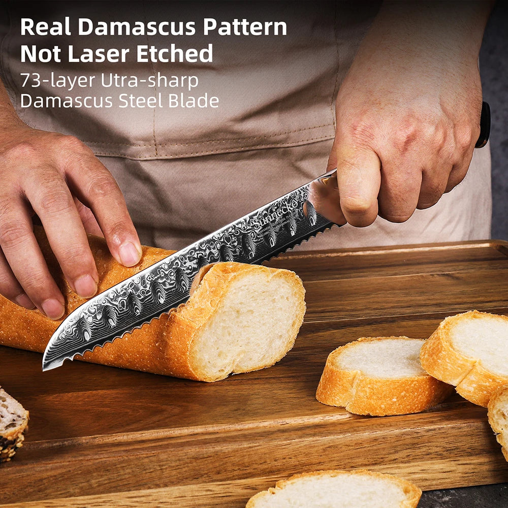 Sunnecko 8" Damascus Steel Bread Knife – 73-Layer VG10 Serrated Serrated Bread Knife Axl