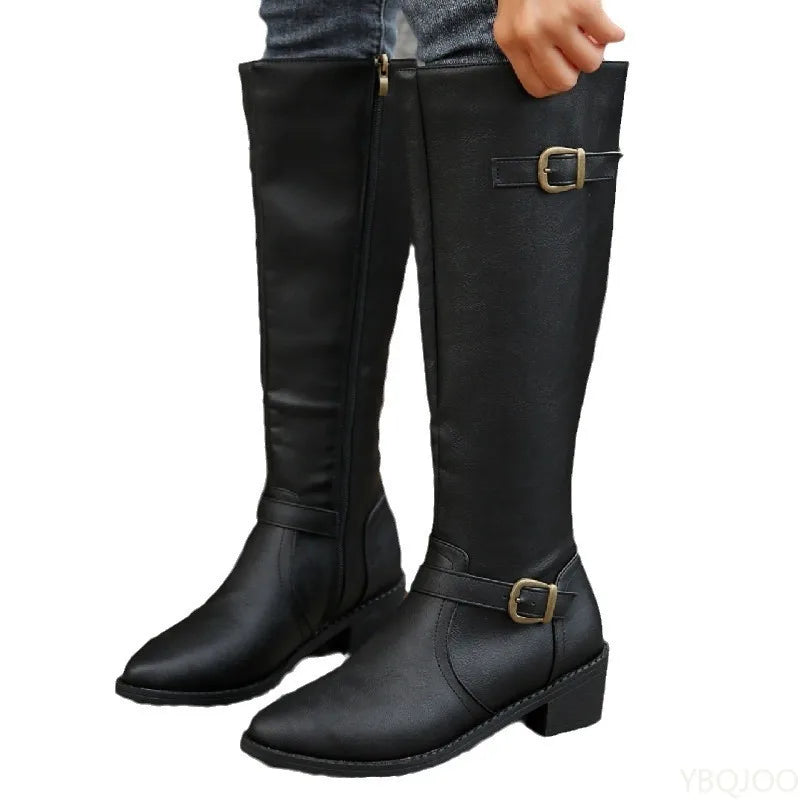Women's Retro Pleated Buckle Knee-High Boots | Thick Heel Knee-High Boots Axl black 41