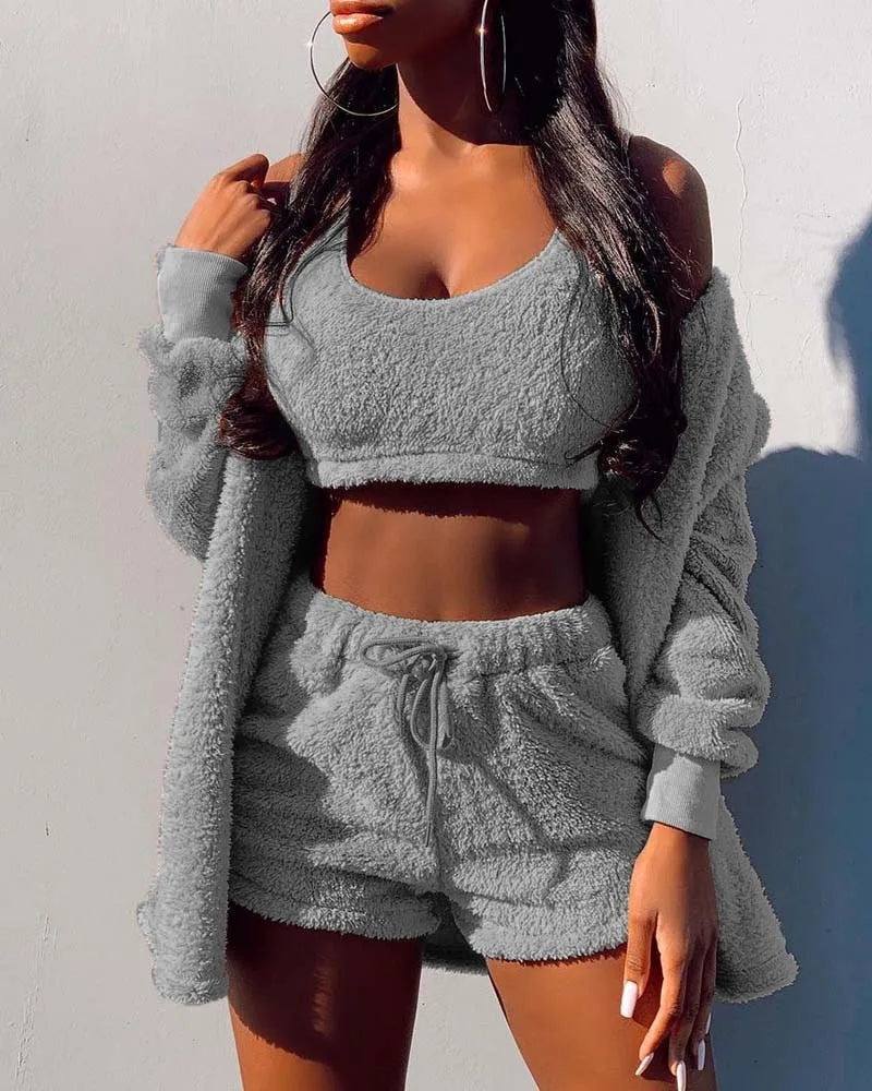Women's 3-Piece Velvet Fleece Pajamas Set – Crop Top Shorts Coat Women's Pajamas Set Axl