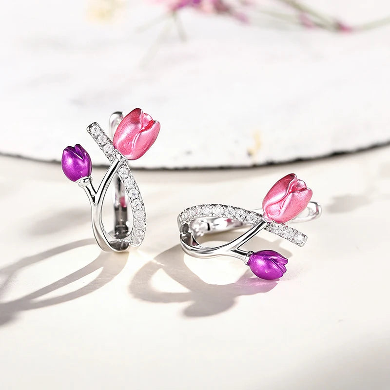 Huitan Pink Purple Tulip Hoop Earrings – CZ Flower Jewelry Hoop Earrings Axl