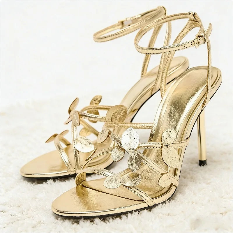 Women's Gold High Heel Ankle Strap Sandals | Open Toe Party High Heel Sandals Axl