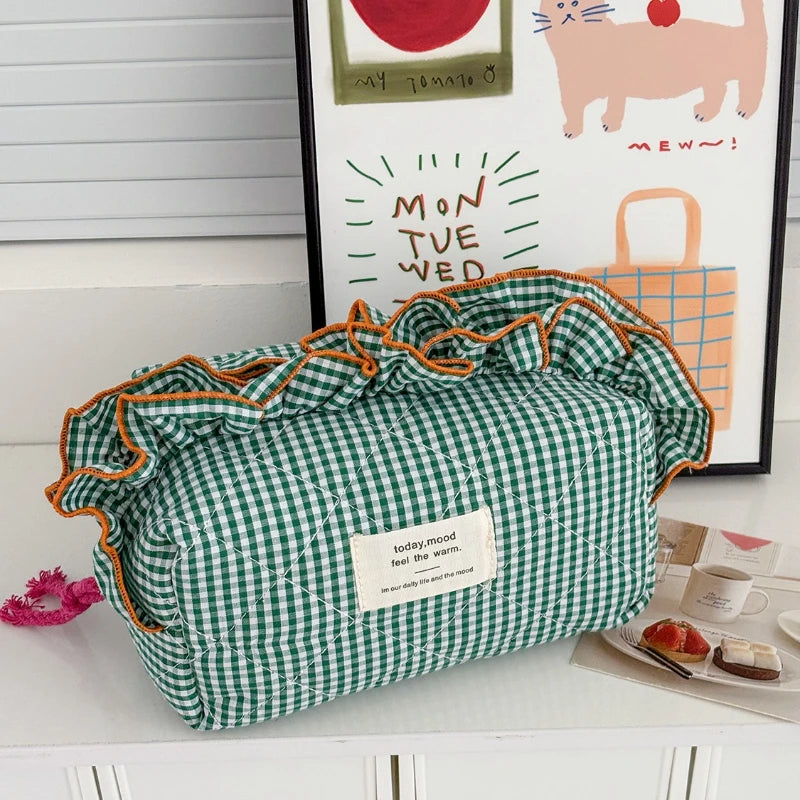 Women's Vintage Gingham Makeup Bag – Large Capacity Organizer Cosmetic Makeup Bag Axl green-1pc