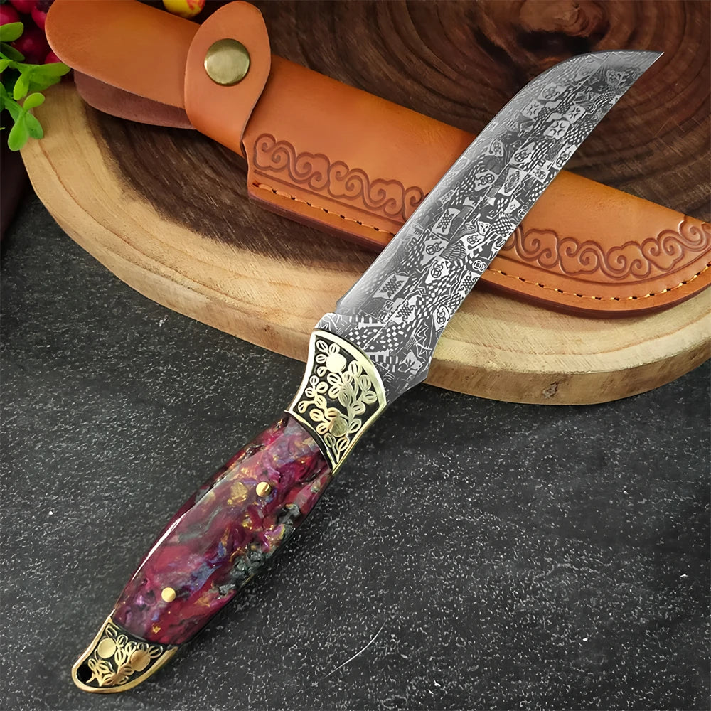 Damascus Steel Kitchen Knife – Full Tang Handmade Forged Blade Damascus Kitchen Knife Axl Knife-Red