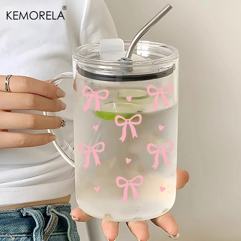 KEMORELA 1000ml Bow-Knot Glass Cup with Lid & Straw | Borosilicate Glass Tumbler Axl