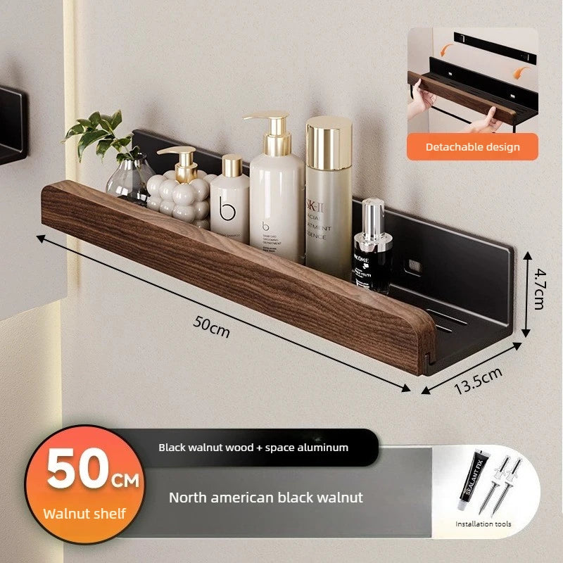 Walnut & Aluminum Wall Shelf – Bathroom Storage Rack Wall Storage Shelf Axl 50CM
