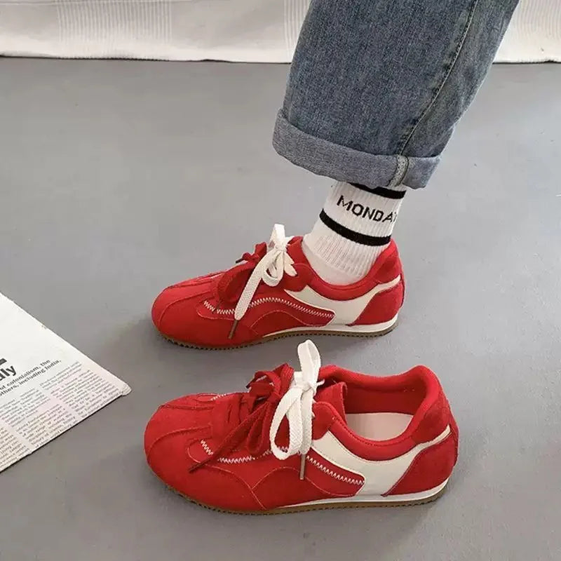 Women's Retro Patchwork Suede Sneakers – Casual Flat Shoes Casual Flat Sneakers Axl red 35