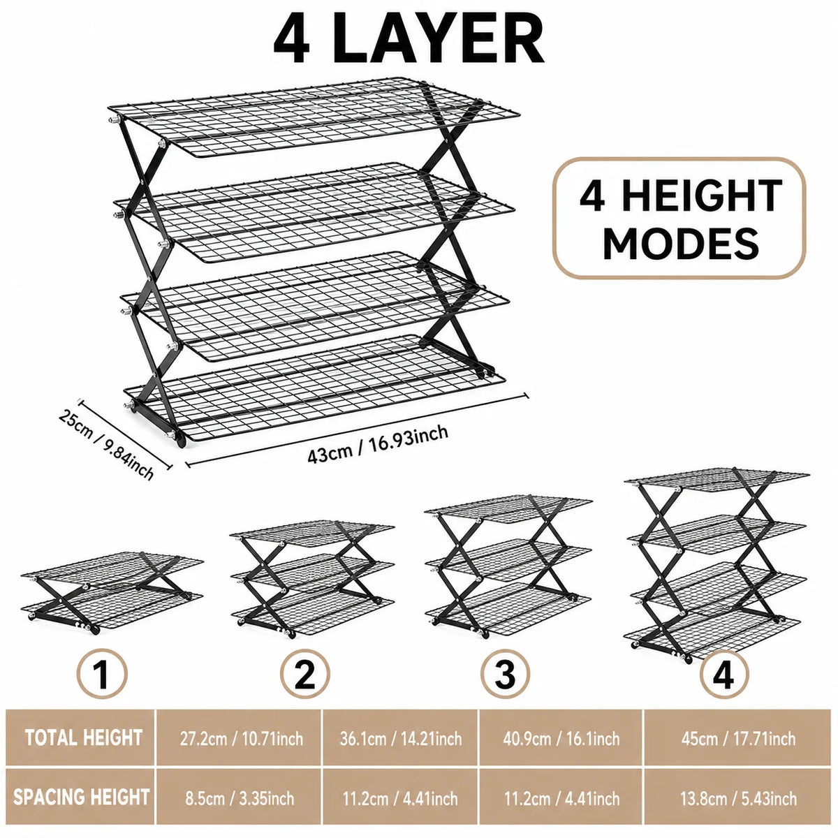 Foldable 2/3/4 Tier Cooling Rack – Stackable Wire Grid Baking Stand Baking Cooling Rack Axl 4 LAYER