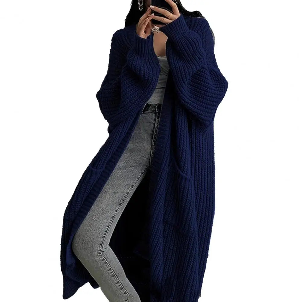 Women's Open Front Long Knit Cardigan Coat with Pockets Knit Cardigan Coat Axl Navy Blue XXXL