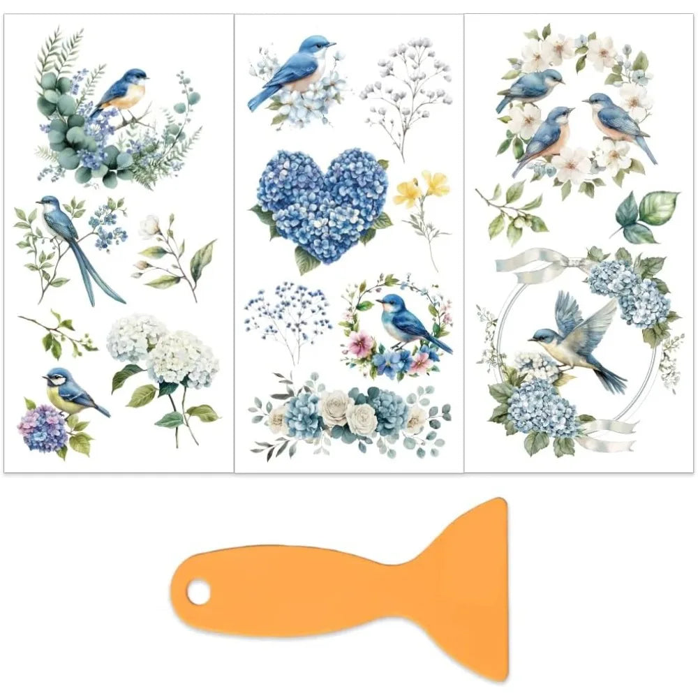 Blue Bird Hydrangea Rub-On Transfers for Furniture – 3pc Set Furniture Transfer Stickers Axl