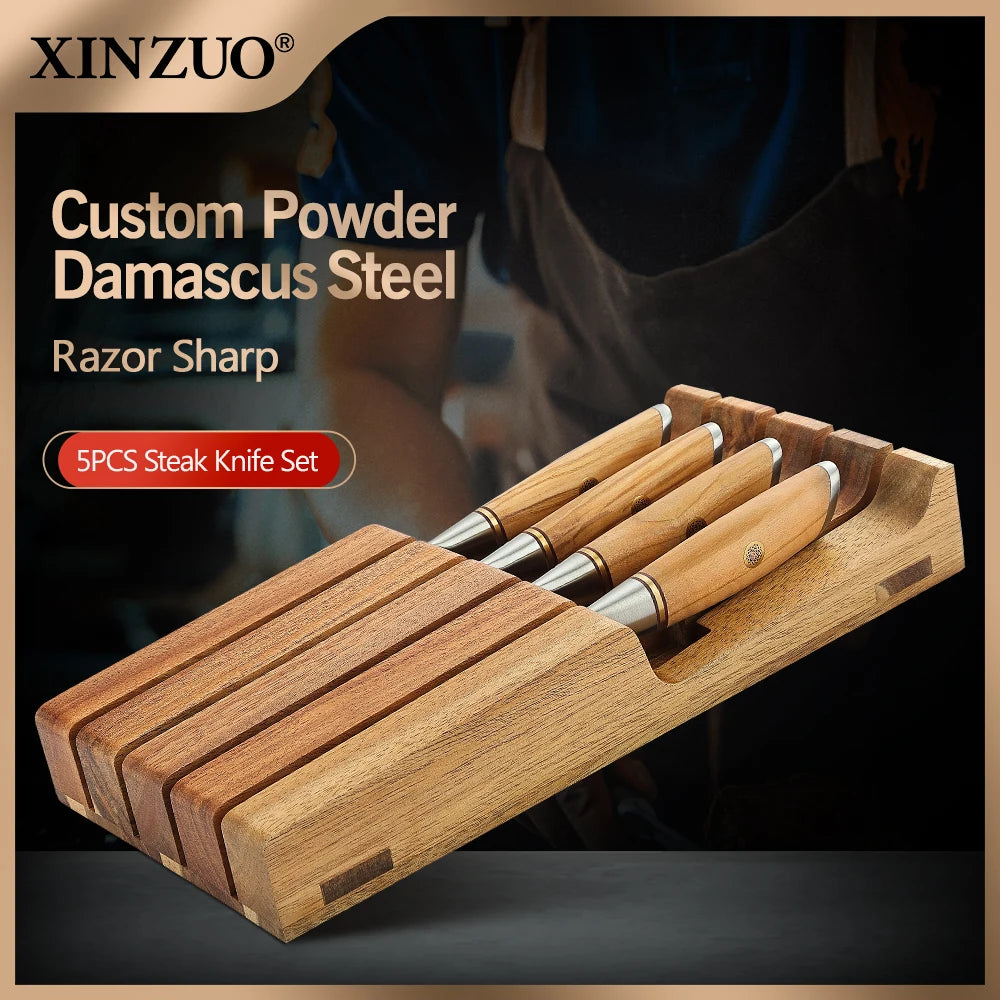 XINZUO 5-Pc Damascus Steak Knife Set | Olive Wood & Acacia Tray Steak Knife Set Axl Default Title