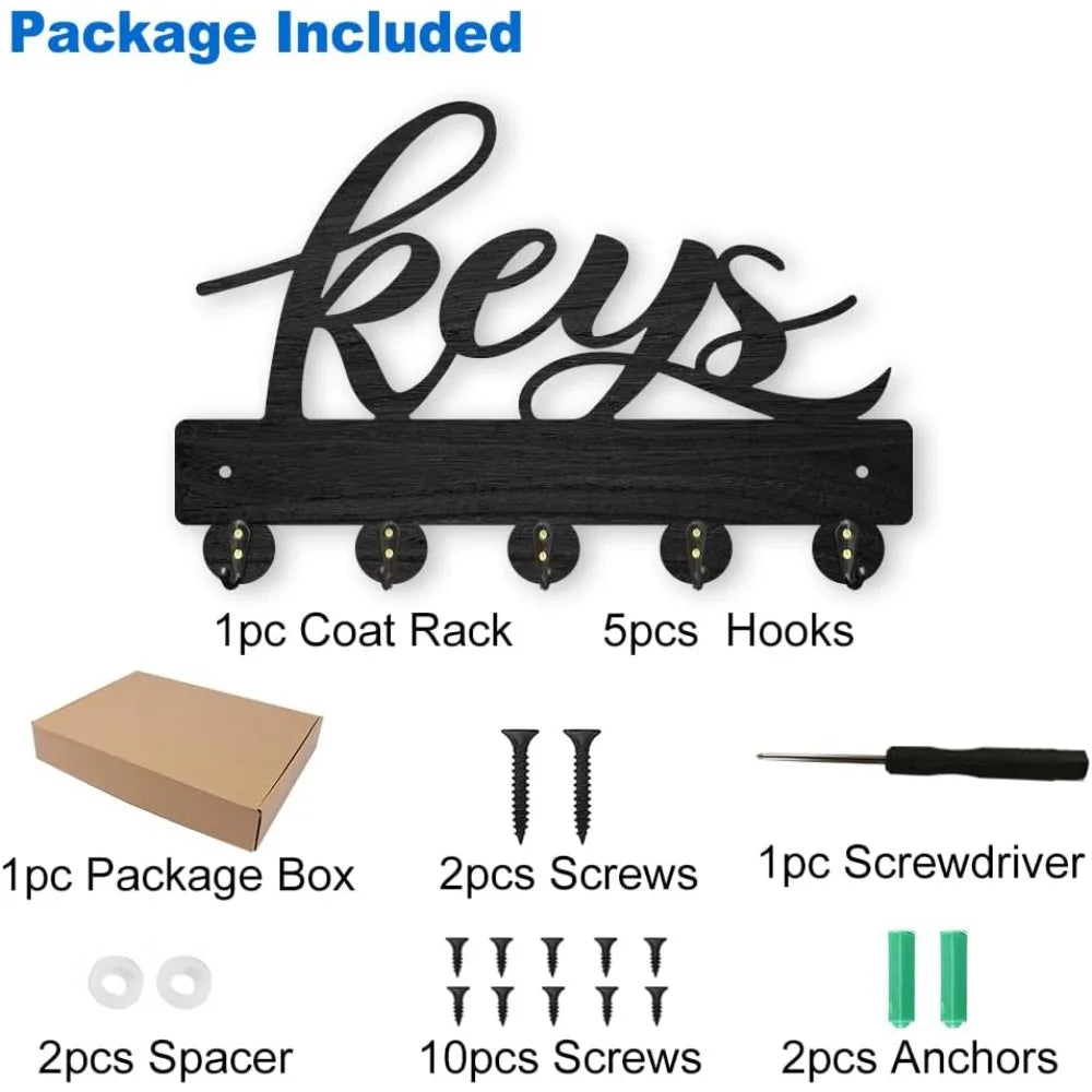Wood Wall Key Rack with 5 Hooks – Black Entryway Organizer Wall Key Rack Axl